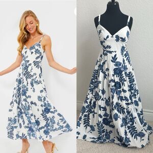 Tuckernuck MOON RIVER Women’s S Blue Floral Print Multi Plunge Maxi Dress Vacay